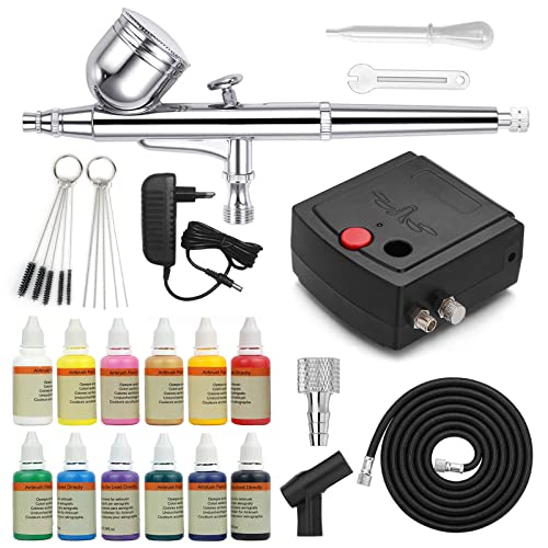 Awsuc Profi Airbrush Kompressor Set mit Acrylfarben Airbrush Farben,12x10ml, Lackierpistole für Werbeillustrationen, Bodypainting, Modellbau, Nail Design, Kuchen, Kosmetik