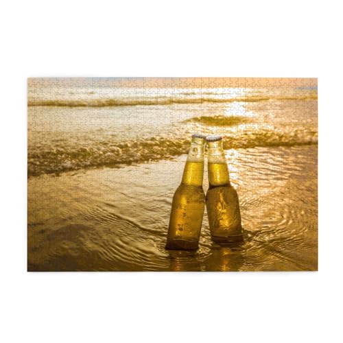 Flaschen Bier Strand Sonnenuntergang Zeit Bedruckt, Puzzles 1000 Teile Holzpuzzle Spielzeug Familienspiel Wanddekoration