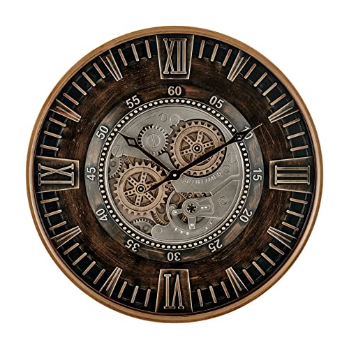 LW Collection Wanduhr Zayn Bronze Braun 59,5cm mit rotierenden Zahnrädern - Radar Wanduhr mit römischen Ziffern - Wanduhr mit beweglichen Wandrädern - Stille Uhr