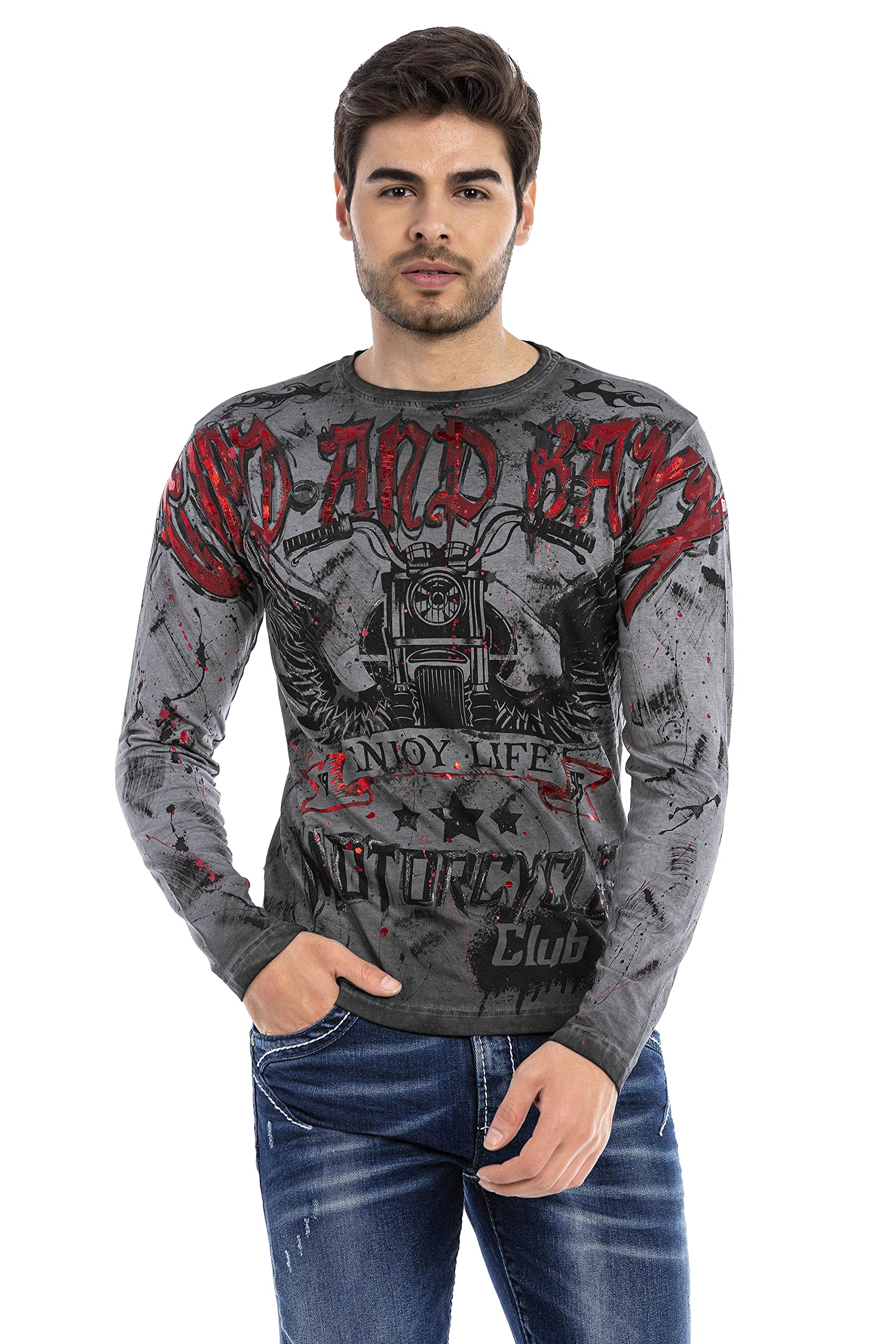 Cipo & Baxx Herren Langarmshirt Print Longsleeve Sweater Sweatshirt Rundhals CL455 Anthracite L