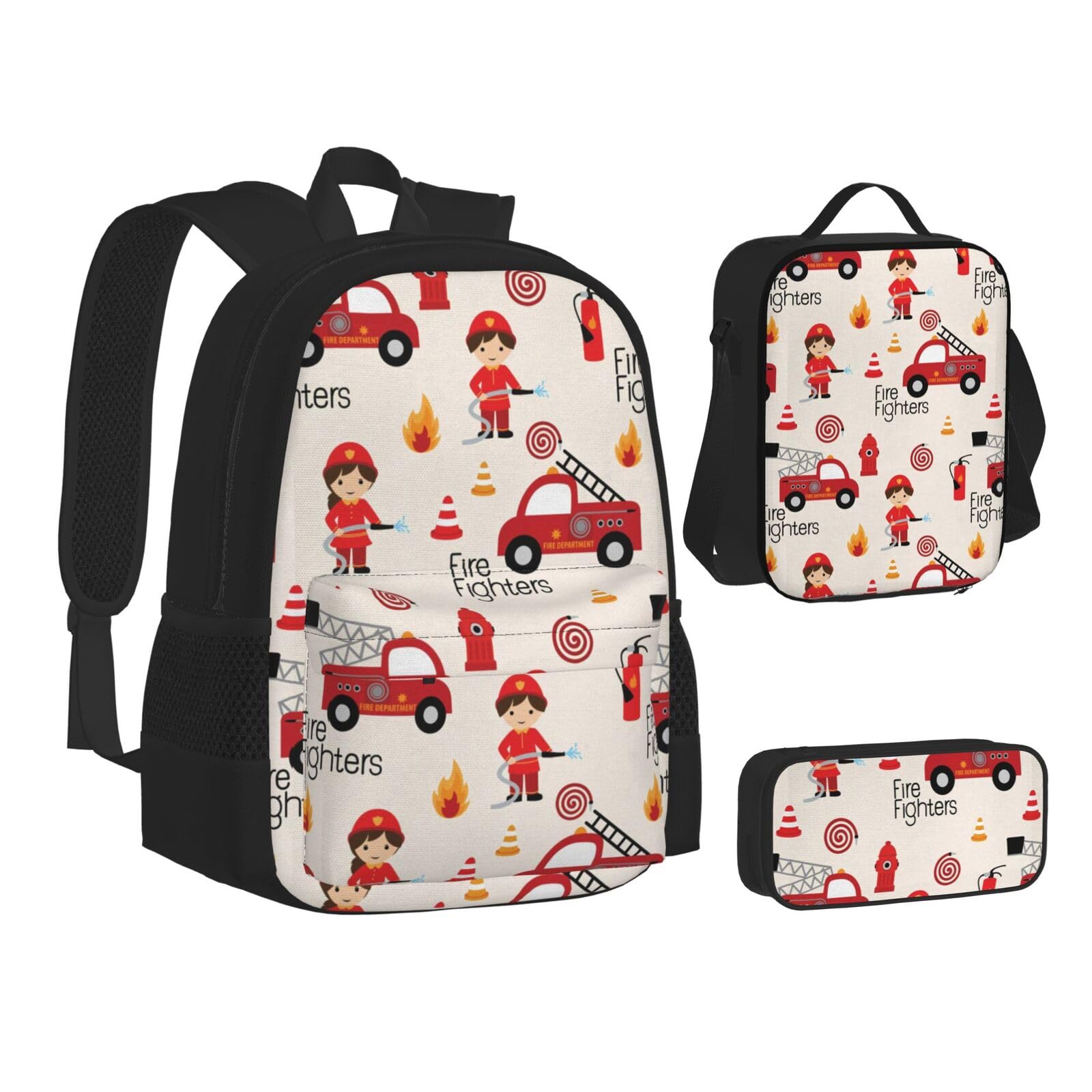 WURTON Lunchbox-Set, Motiv: Kleine Jungen und Mädchen in Feuerwehrleuten, Rucksack, 3-in-1, Schul-Büchertasche und Federmäppchen, passende Kombination