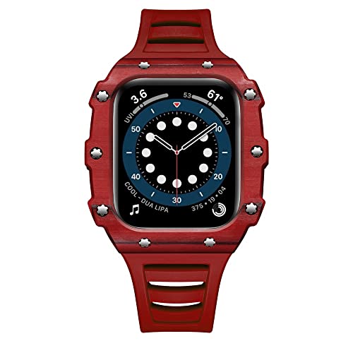 KANUZ Luxuriöses Metallarmband für Apple Watch, Modifikationsset, Set 38, 40, 41, 42, 44, 45 mm, Uhrenarmband, kompatibel mit iWatch 7, 6, 5, 4, 3, 2 SE (Farbe: Kohlefaser, Rot, Größe: 42, 44, 45 mm)