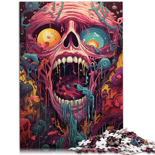 Spiel-Geschenk-Puzzle, farbenfrohes psychedelisches Totenkopf-Kunst-Puzzle für Erwachsene, 1000-teiliges Holzpuzzle, pädagogische Herausforderung, Geschenk zum Geburtstag (50 x 75 cm)