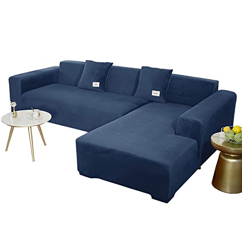 JHLD Sofabezug L Form, Stretch Sofabezug Samt L-förmiger Sofabezug Weiche Anti-rutsch Sofa Überwürfe Für Ecksofa-Marine-3 Sitzer+4 Sitzer