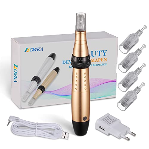 elektrischer Dermapen Microneedling Pen microneedling roller,inkl. 2 Stück Aufsatz 12 Pin Nadelnpatrone, verstellbare 0,25mm-2,0mm Nadellänge und Geschwindigkeit (gold)