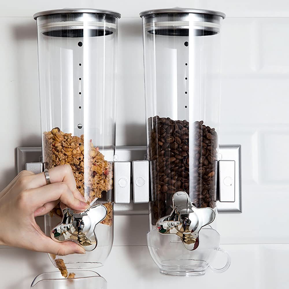 PIOJNYEN Müslispender Doppelt Wandmontage Cornflakes Spender Snackspender Cereal Dispenser mit Tasse für Müsli, Cornflakes, Süßigkeiten, Cerealienspender, Kunststoff, Silber