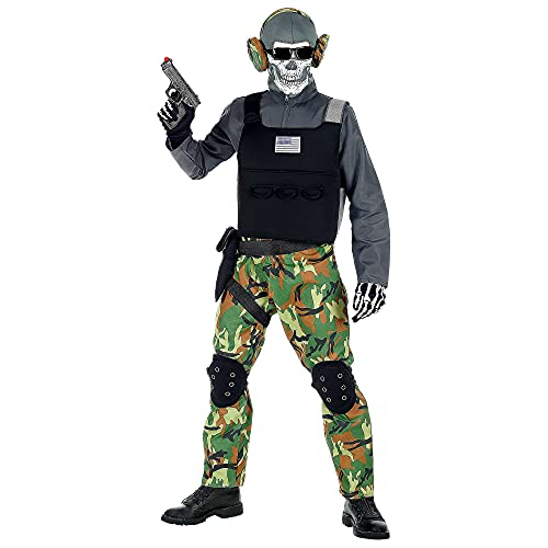 Widmann - Kinderkostüm Skelettsoldat, Overall, Weste, Knieschoner, Gürtel, Holster, Maske, Brille, Kopfhörer, Karneval, Mottoparty, Halloween