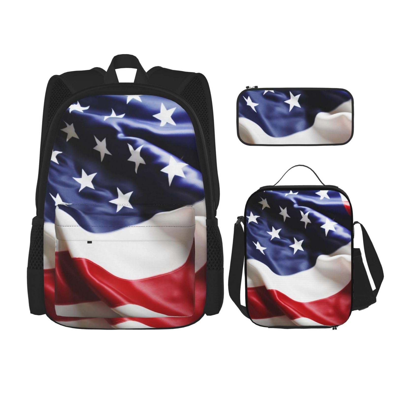 DENMER Mehrzweck-Schulranzen mit passendem Federmäppchen und Lunchtasche, Set - Ihre stilvolle All-in-One-Lösung, US-Flagge, Einheitsgröße