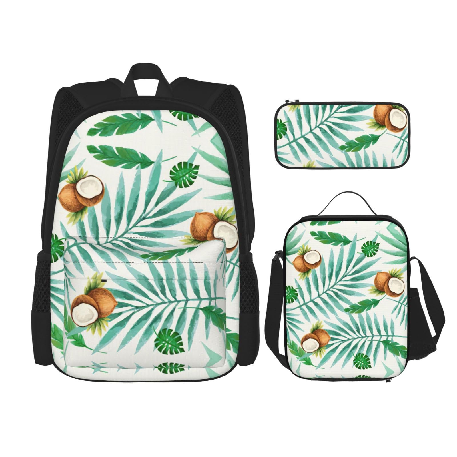 WURTON Summer Coconut Tree Print Shoulder Backpack 3 In 1 Bookbag Set Lunch Box Pencil Case Travel Laptop Daypacks, Schwarz, Einheitsgröße