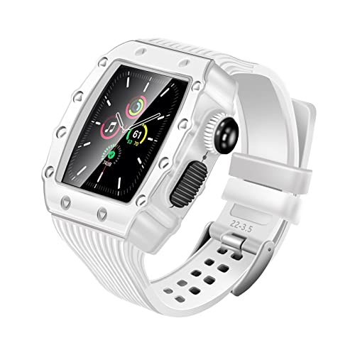 TONECY Luxuriöses Metallgehäuse für Apple Watch Serie 8, 41 mm, 45 mm, Gummi-Gürtelarmband, Modifikationsset für iWatch 8, 7, 6, 5, 4, SE, 40 mm, 44 mm (Farbe: Weiß, Größe: 45 mm)