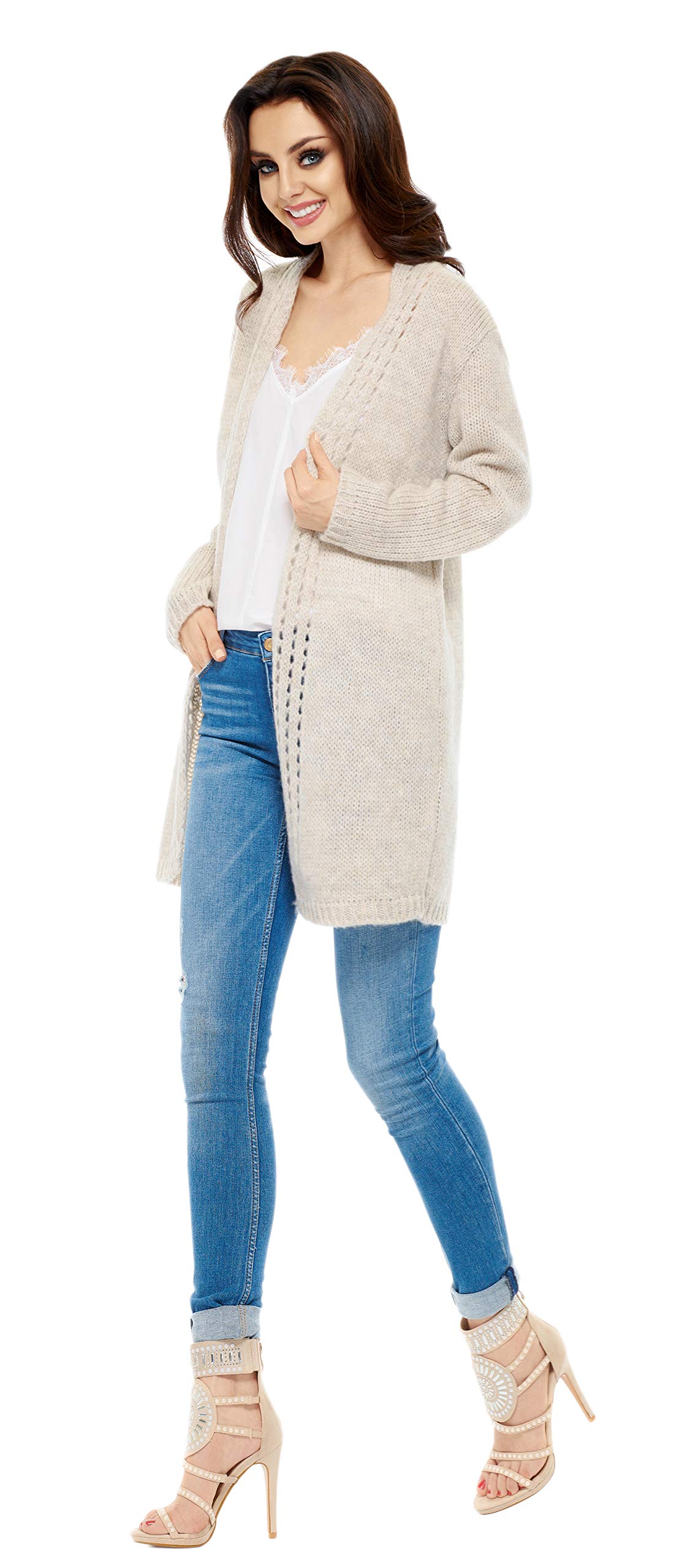 Lemoniade Damen Long Cardigan/offene Strickjacke (made in EU) in modischem Design, Einheitsgröße, Modell 1 Beige