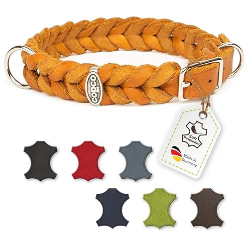 CopcoPet Fettleder-Halsband, Cognac, 20mm Breite, 40 - 44cm Halsumfang, geflochten mit Dornschließe, geflochtenes Hundehalsband, Handarbeit aus Deutschland, hochwertiges Rindsleder