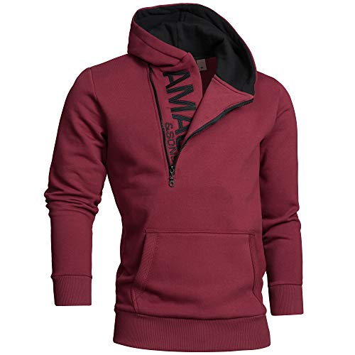 Amaci&Sons Herren Zipper Kapuzenpullover Sweatjacke Pullover Hoodie Sweatshirt 4026 Bordeaux/Schwarz L