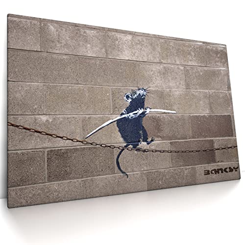 CanvasArts Banksy, Rat on The Chain - Leinwand Bild auf Keilrahmen Wandbild Ratte Seiltanz 15.601 (60x40 cm, einteilig)