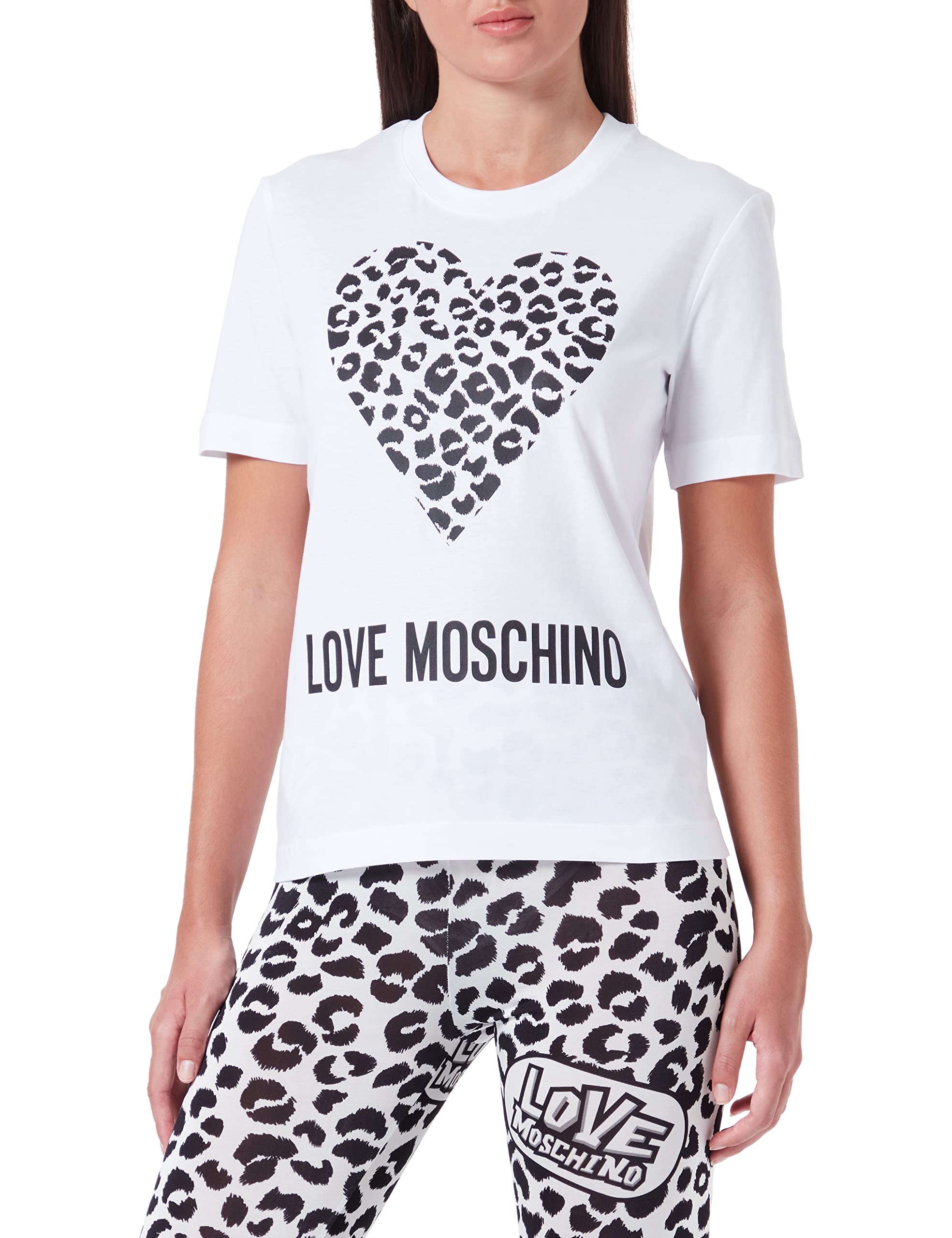 Love Moschino Damen Regular Fit Short Sleeves With Maxi Animalier Heart And Logo T Shirt, Optical White, 40 EU