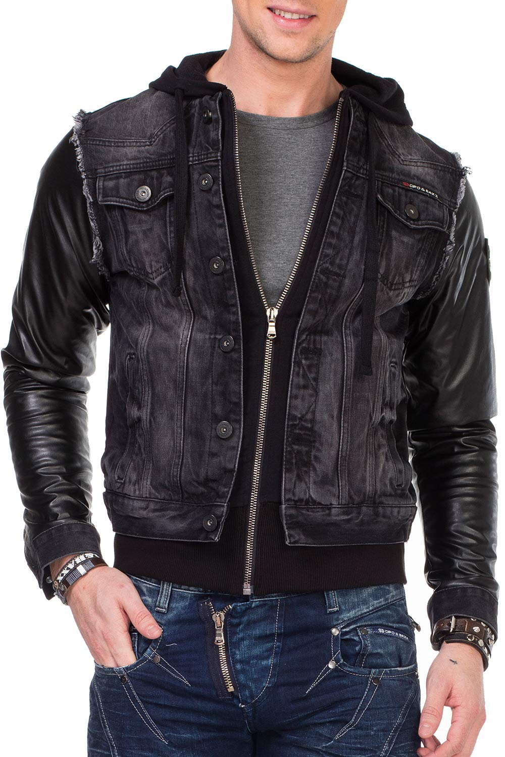 Cipo & Baxx Herren Jeansjacke Sweatjacke Übergangsjacke Kapuze Designer Kunstlederärmel Denimjacke Jacke Sweatkapuzenjacke Gr.S Schwarz