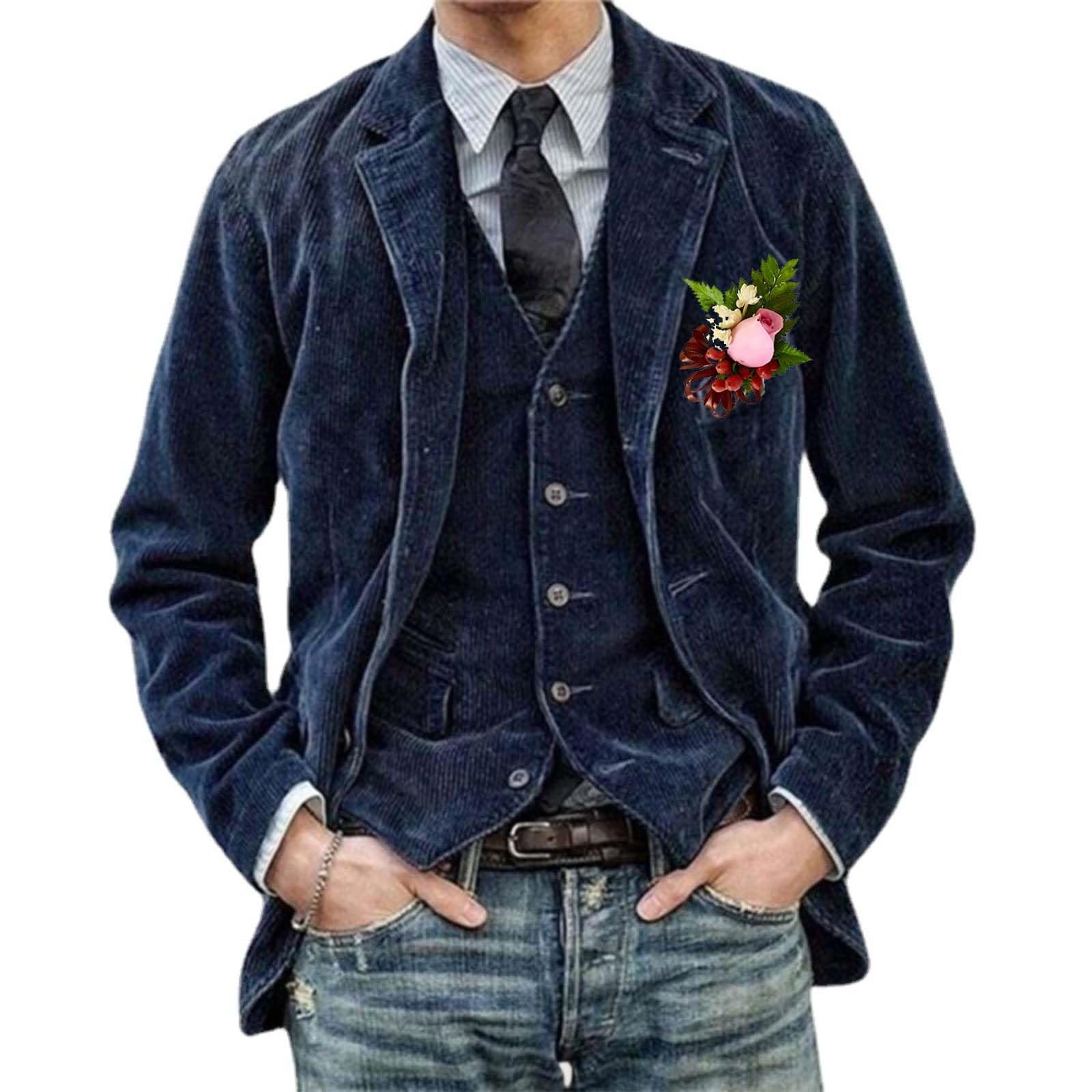 WINDEHAO Herren Vintage Cord Revers Jacke Casual Cord Blazer Jacke Revers Kragen Knopf Anzug Slim Business Dinner Jacken Mantel, marineblau, XXXL