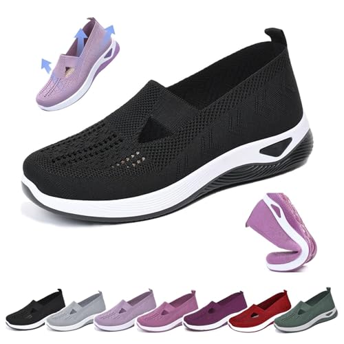 Gewebte orthopädische Damen-Schuhe, atmungsaktiv, weiche Sohle, bequem, orthopädische Wanderschuhe für Damen, leichte Schlupfschuhe, Schwarz , 41 EU