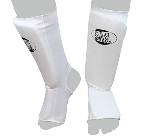 BAY® "MT Cotton Weiss XL Spann-Schienbeinschutz Baumwolle Elastik Stoff, Muay Thai, TKD, Thaiboxen weiß, Größe XL