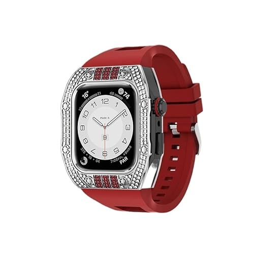 KANUZ Luxuriöses Diamantgehäuse-Modifikationsset für iWatch 8, 7, 6, SE, 5, 4, Gummiband, 44 mm, 45 mm, für Apple Watch, Metallbeze-Uhrenarmband (Farbe: Diamond-Rot-BSR, Größe: 44 mm)