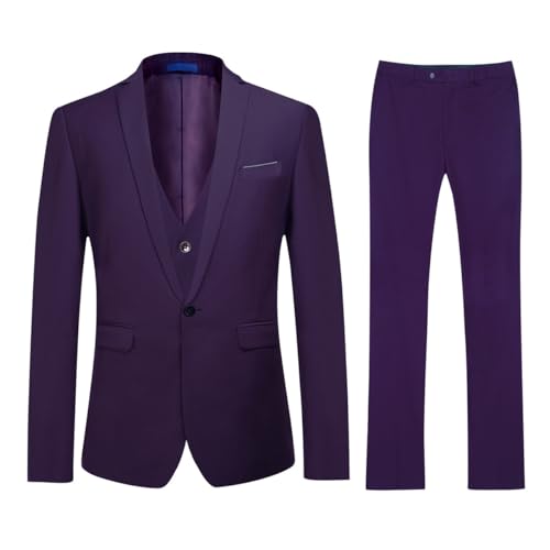 YOUTHUP Herren Anzug Slim Fit 3 Teilig Anzüge für Hochzeit Business Herrenanzug Sakko Anzughose Weste, Violett, S