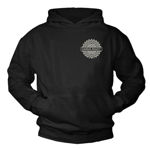 MAKAYA Herren Kapuzenpullover Hoodie mit Rückenprint Aufdruck Spruch Karma Regelt Sweatshirt Rückendruck Pullover Schwarz Größe XXL