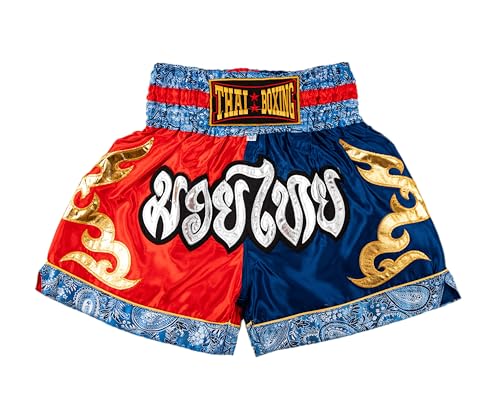 MUAY NATION Muay Thai Shorts für Männer Frauen Slim Cut MMA Boxshorts Training Kickbox-Kleidung Kampfsport-Shorts (DE/NL/SE/PL, Alphanumerisch, M, Regular, Regular, Blau/Rot)