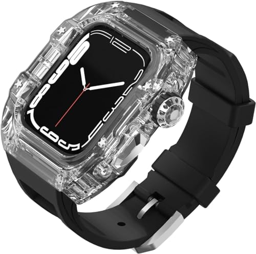 NEYENS Transparentes Uhrengehäuse, Gummiband, Mod Kit, für Apple Watch 44 mm, 45 mm, transparentes Uhrengehäuse, sportliches atmungsaktives Armband, für iWatch Serie 8/7/6/5/4/SE, Ersatzzubehör, 45