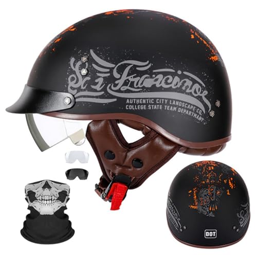 Motorrad Halbhelm Halbschalenhelm Mit Gesichtsschutz ECE-Zulassung Motorradhelm Brain Cap Einziehbaren InnengläSern Schnellverschluss Abnehmbares Waschbares Futter M-2XL 57-64CM