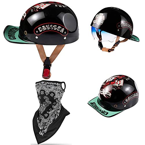 Halbhelm Motorradhelm Jethelm Herren Halbschalenhelm Mit Gesichtstuch Retro Brain Cap Halbschale Rollerhelm Chopper Scooter Helm Sturzhelm Baseball Kappe ECE Zertifizierung