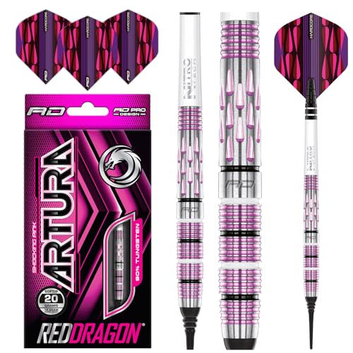 RED DRAGON Artura Shocking Rosa 18 Gramm Softip Premium Tungsten Darts Set mit Flights und Stielen