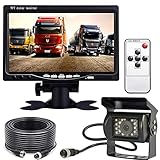 Xinyida Rückfahrkamera, 4-polig, 12 V bis 24 V, 18 LEDs, IR-Nachtsicht, wasserdicht, mit 15 m Kabel + 17,8 cm Farb-TFT-LCD-HD-Automonitor für Wohnmobil, Bus, LKW, Anhänger