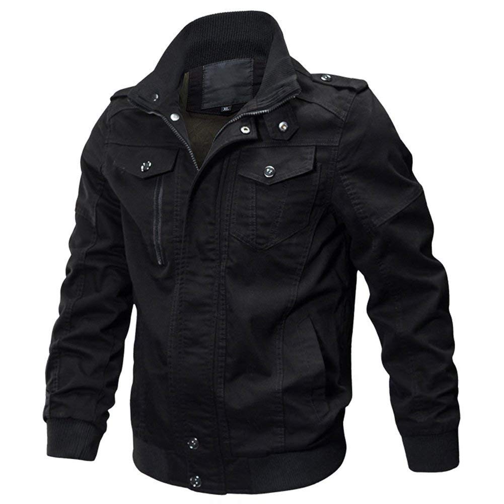 Idopy Herren Military Zip Up Oberbekleidung Baumwolle Jacke Mantel mit Schultergurten Schwarz 5XL/XL