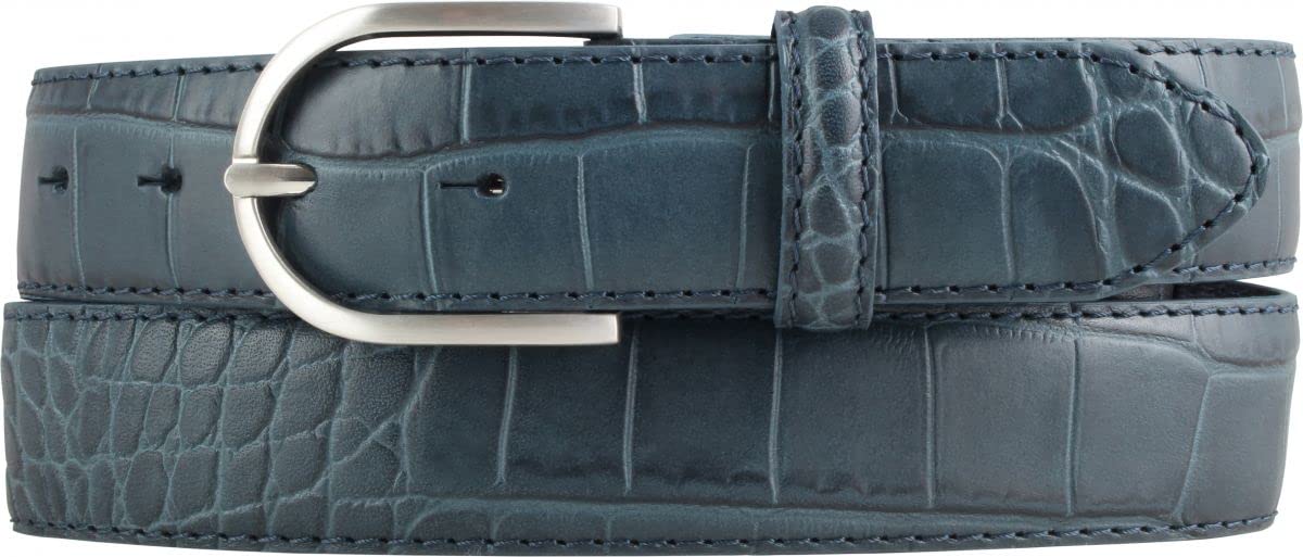 BELTINGER Damen-Gürtel mit Krokoprägung 3,5 cm | Leder-Gürtel für Damen 35mm Kroko-Optik | Kroko-Muster mit runder Gürtelschnalle | Jeansblau 110cm