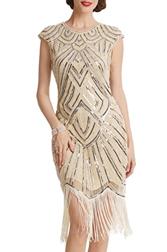 BABEYOND Damen Kleid voller Pailletten 20er Stil Runder Ausschnitt Inspiriert von Great Gatsby Kostüm Kleid (XL (Fits 82-92 cm Waist & 100-110 cm Hips), Beige Strass)