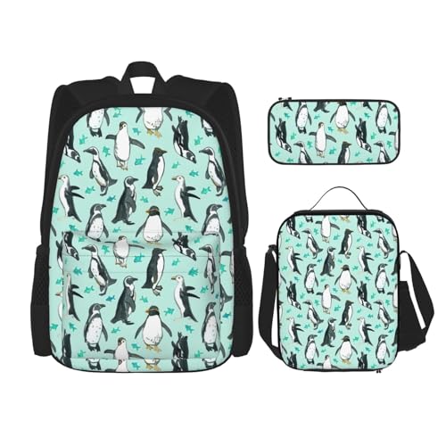 WURTON Schulrucksack-Set mit süßem Pinguin-Druck, 3-in-1-Büchertaschen-Set mit Lunchbox, Federmäppchen, Reise-Laptop-Tagesrucksäcke