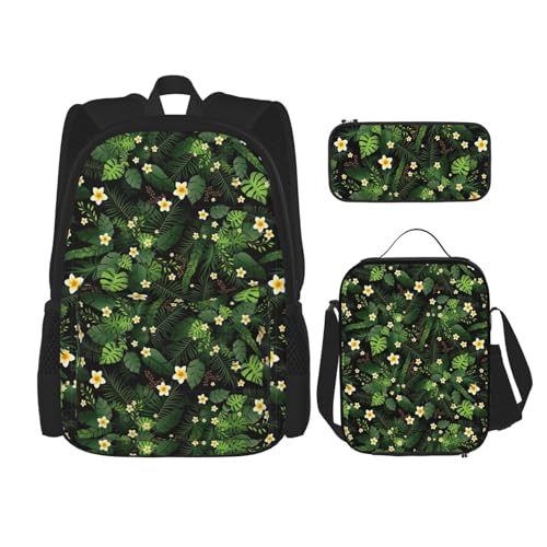 WURTON 3-in-1-Set mit hawaiianischem Druck, lässig, verstellbar, Schulter-Rucksack, Lunch-Tasche, Federmäppchen, Beutel, Schwarz, Einheitsgröße