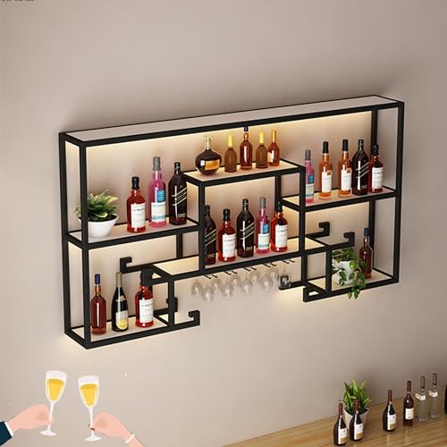 HSJFS Metall Weinregal Bar Regale Wand Mit Hängenden Weinglas Halter Rack Und Led Licht Für Spirituosen Flasche Display Regal Racks Countertop Floating Bar Mini Bar Schrank Für Home Bar Cküche (Co/Bl