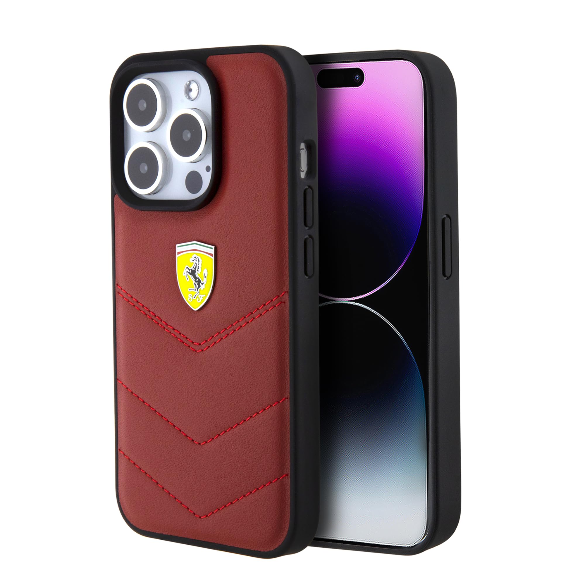 CG MOBILE Ferrari Handyhülle Kompatibel mit iPhone 15 Pro in Rot mit genähten Linien, Echtleder Schutzhülle & Durable Case mit Easy Snap-on, Stoßdämpfung & Signatur-Logo