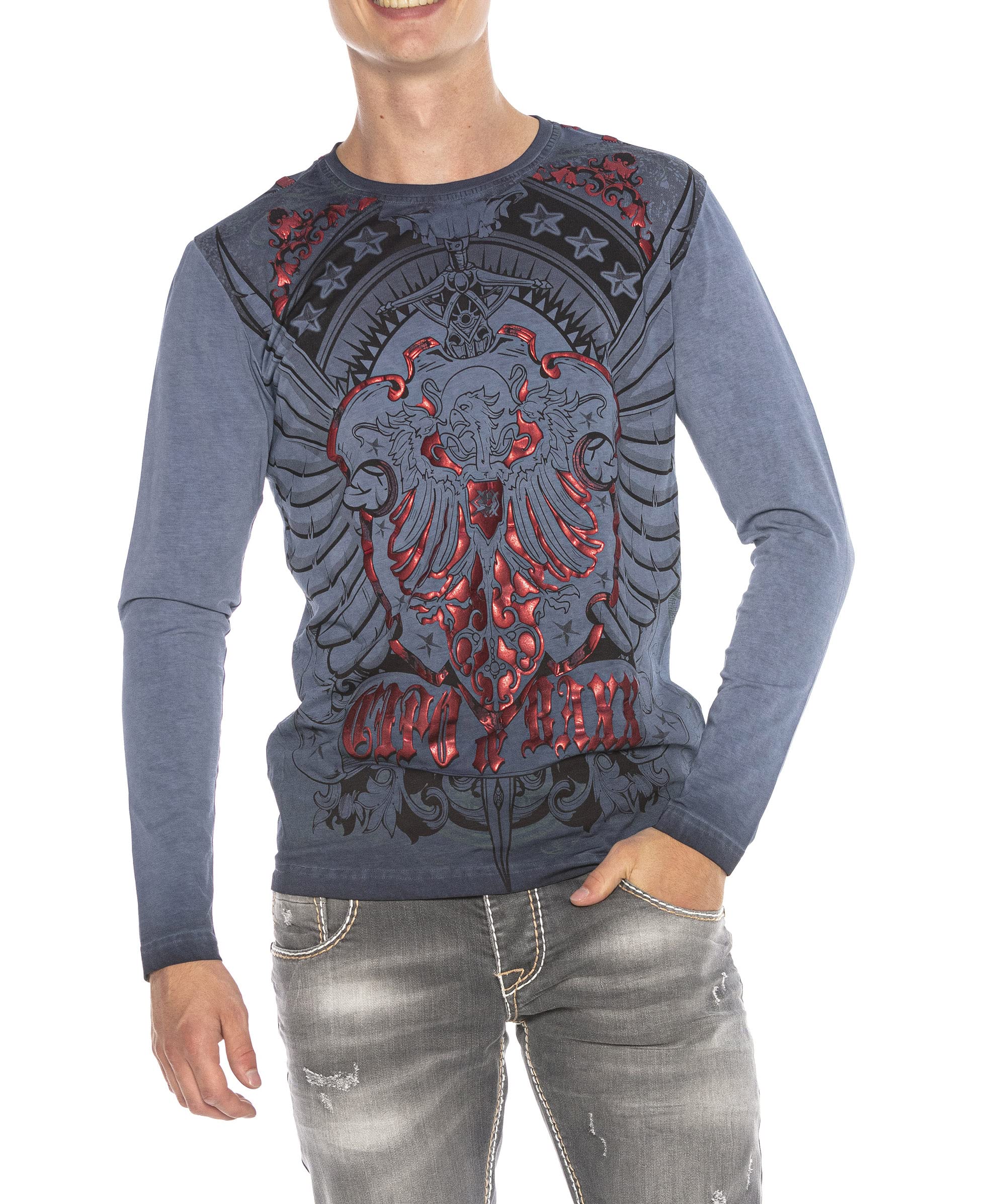 Cipo & Baxx Herren Longsleeve Langarmshirt Sweatshirt Pullover Sweater Mix mit Print Indigo M