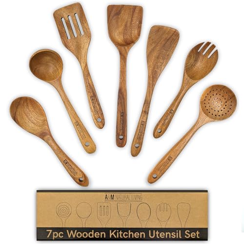 A&M Natural Living Holzküchenhelfer Set 7-teilig zum Kochen | Holzküchenhelfer inklusive Holzlöffel, Servierlöffel, Holzspatel Set | Holzlöffel Kochküchen-Sets