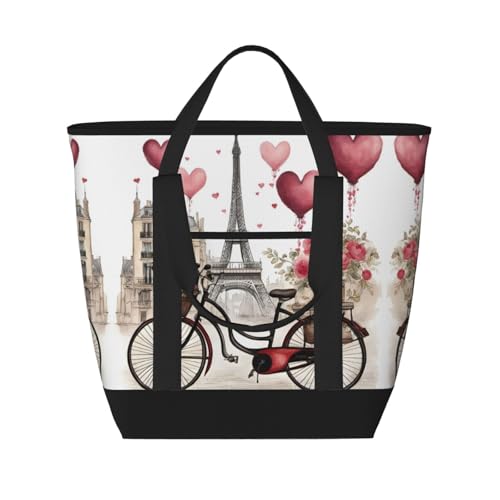 YQxwJL Love Paris Tower Kaffee- und Weinparfüm-Fahrradtasche mit Herz-Aufdruck, große Kapazität, isolierte Kühltasche, Einkaufstasche, Reisetasche, Strand, wiederverwendbare Einkaufstasche für