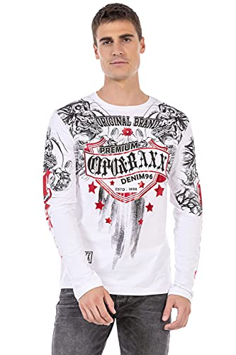 Cipo & Baxx Herren Longsleeve Langarmshirt Sweatshirt Rundhals Aufdruck Sweater CL450 Weiß XXL