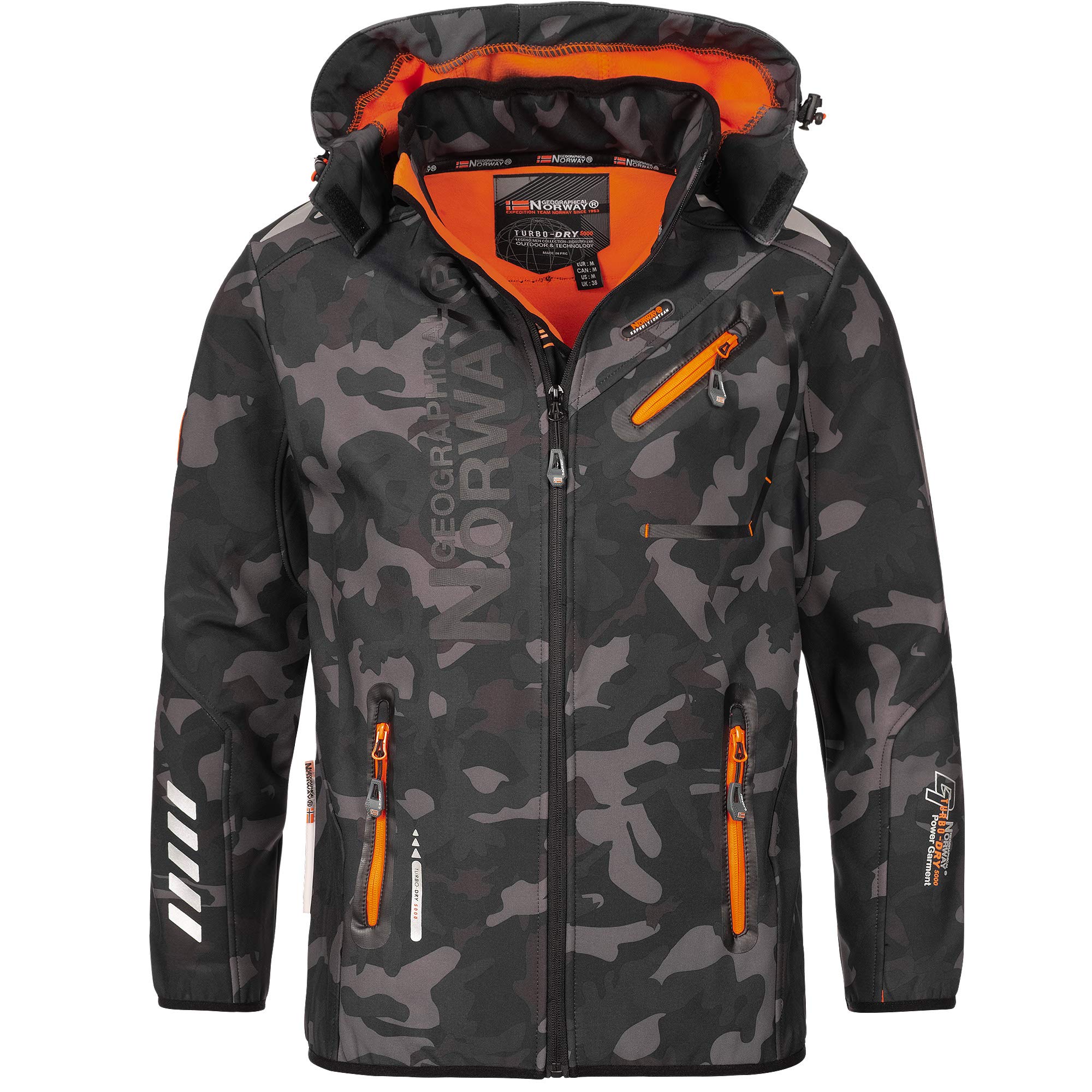 Geographical Norway Herren Sofshell Outdoor Jacke Rainman Turbo-Dry Kapuze (M, Black/orange)