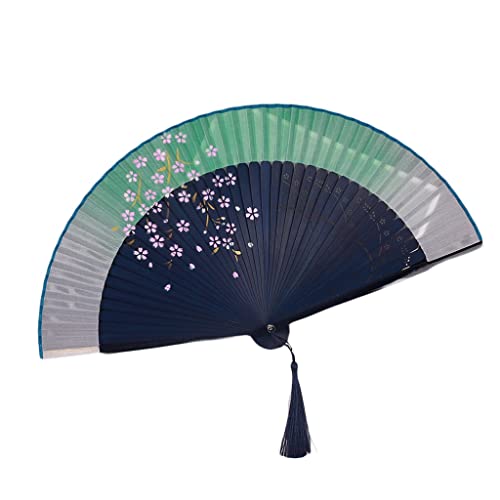 VSULZVNU Faltbarer Handfächer für Damen, Sakura, Chinesisch/Japanisch, Vintage-Retro-Faltfächer, Handfächer für Wanddekoration, Geschenke (Farbe: Schwarz, Knochengrün) (Schwarz Knochengrün)