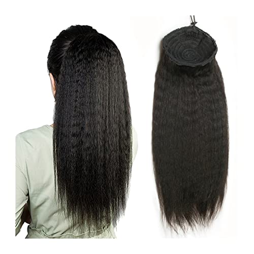 Ponytail Extension/Haarteil Verworrene glatte Echthaar-Pferdeschwanzverlängerung for schwarze Frauen, natürliches Schwarz, 12–26 Zoll, Afro-Puff-Clip in Kordelzug, Pferdeschwanz-Haarverlängerungsstück