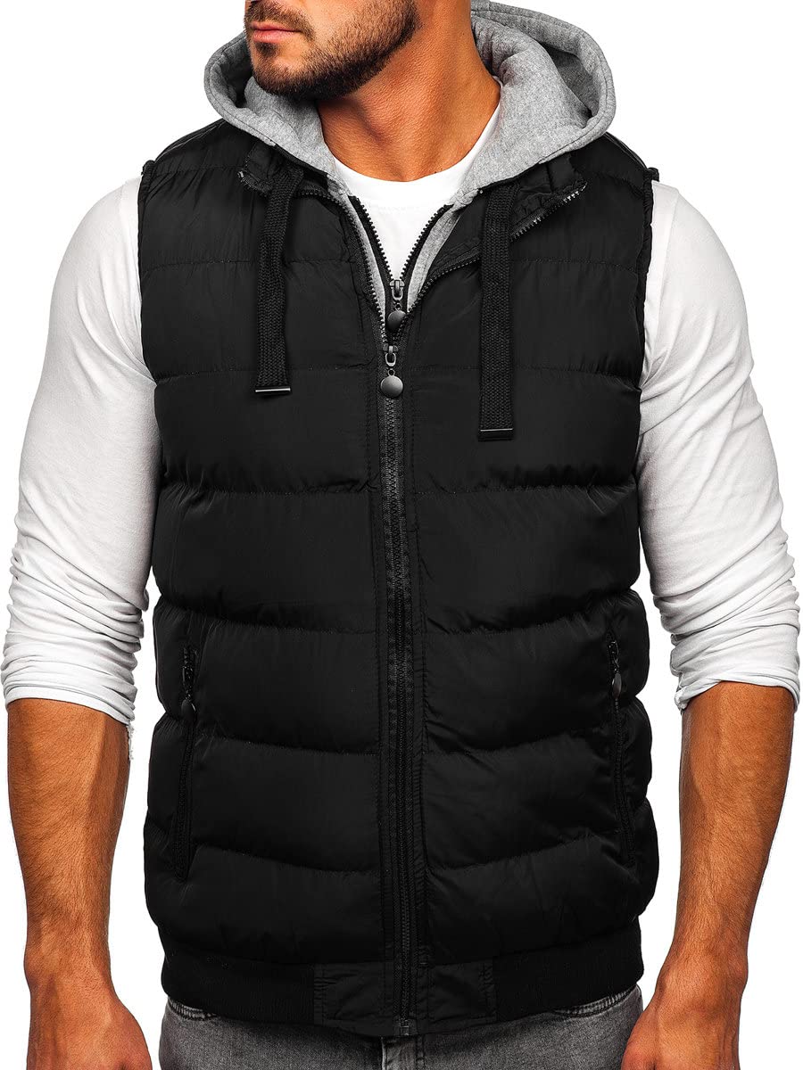 BOLF Herren Weste mit Stehkragen Steppweste Bodywarmer Daunenweste Reißverschluss Ärmellose Sportweste Zip Wärme Freizeit Outdoor Style 5M751 Schwarz XXL [1U1]