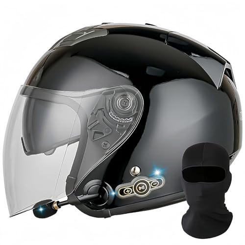 Bluetooth-Motorradhelm Mit Offenem Gesicht, DOT/ECE-Zugelassener Jet-Halbmotorradhelm Mit Visier, Mofa-Crash-Moped-Roller-Helm, Chopper Cruiser Pilot, Rennkappe, Unisex D,XXL 63-64 cm