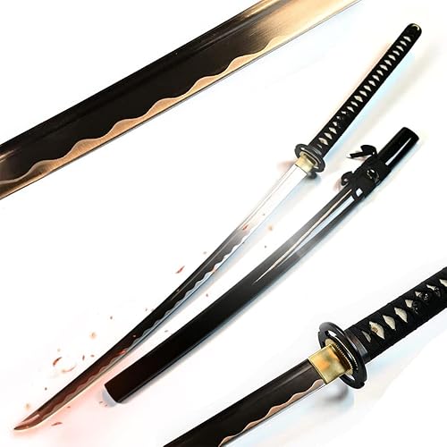 Swords and more Miyamoto Musashi Katana, handgeschmiedet und gefaltet, Japanisches Schwert – Samurai Schwerter echt, handgeschmiedetes Carbon Stahl Schwert aus Metall mit Scheide