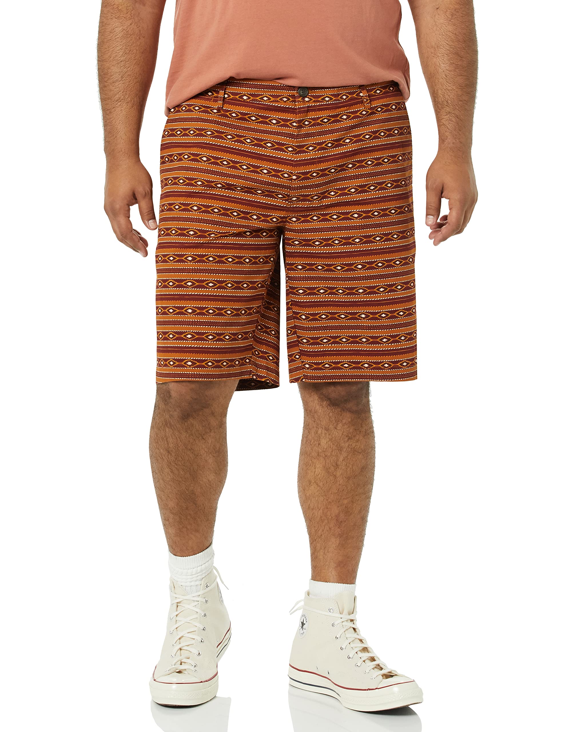 Goodthreads Herren Flatfront-Chinoshorts, Komfortabler Stretch, 28 cm Schrittlänge, Schmale Passform, Tabakbraun Geometrisches Muster, 40W